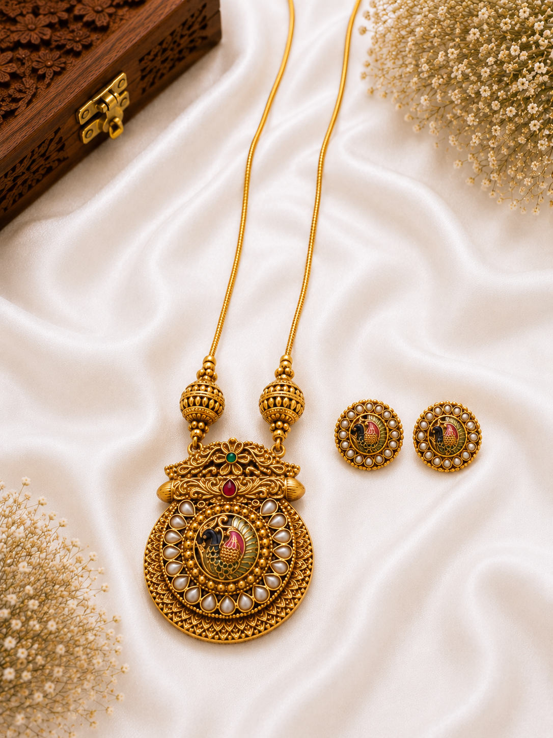 Emerald Antique Long Pendant Necklace Set