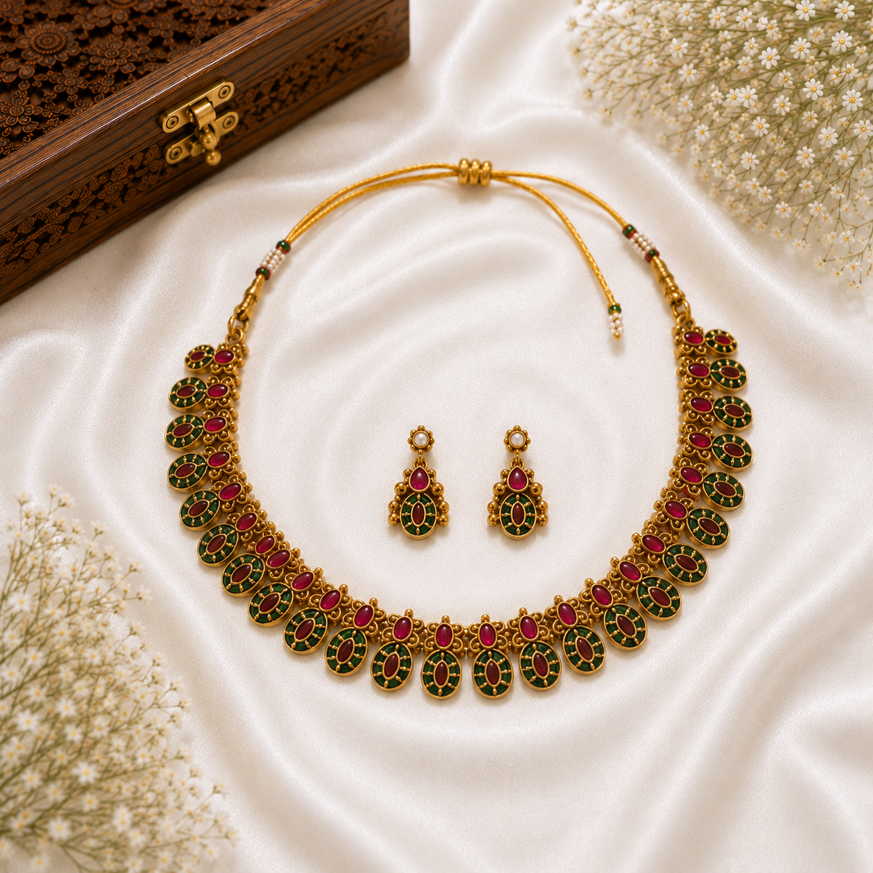 Ruby Emerald Antique Oval Necklace Set