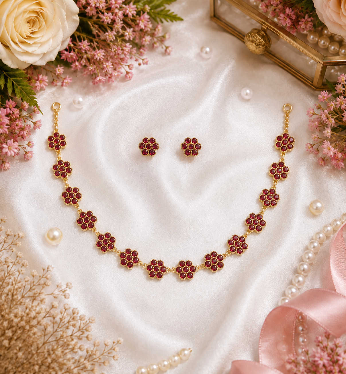 Ruby Blossom Floral Necklace Set