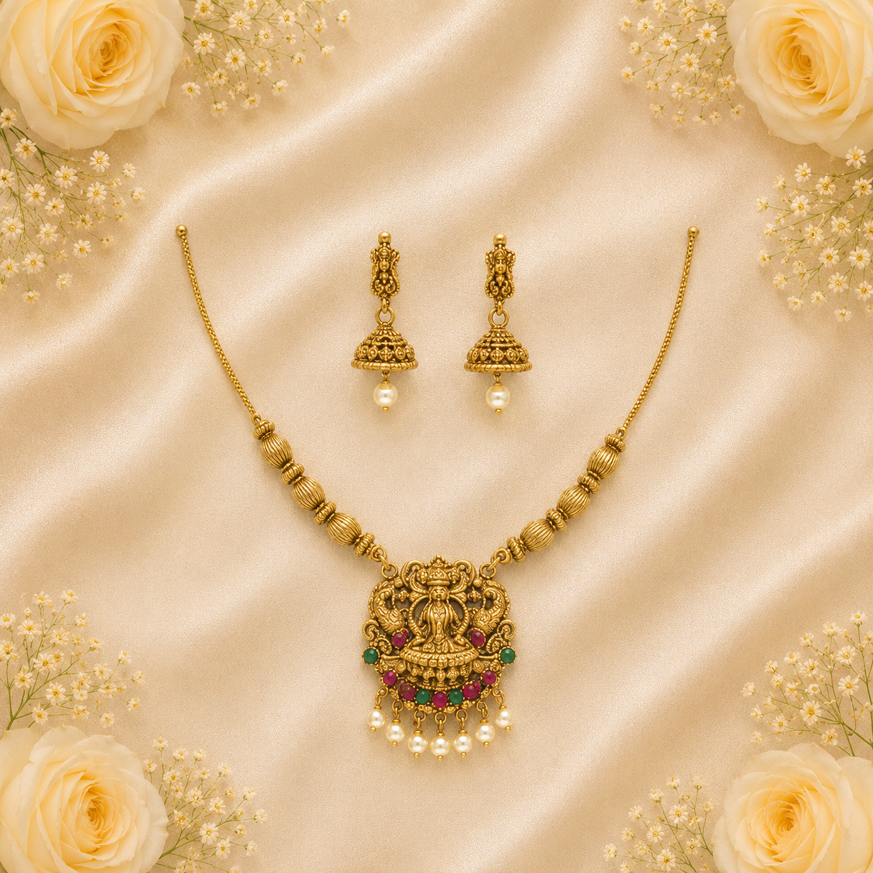 Lakshmi Temple Pendant Necklace Set