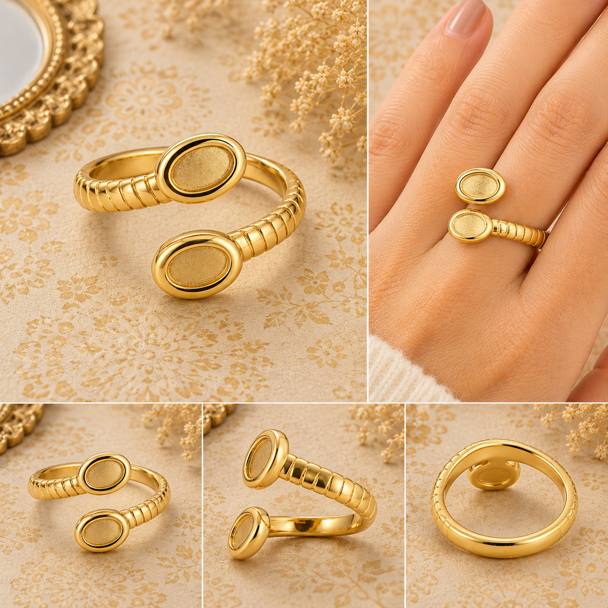 Golden Dual Oval Adjustable Ring