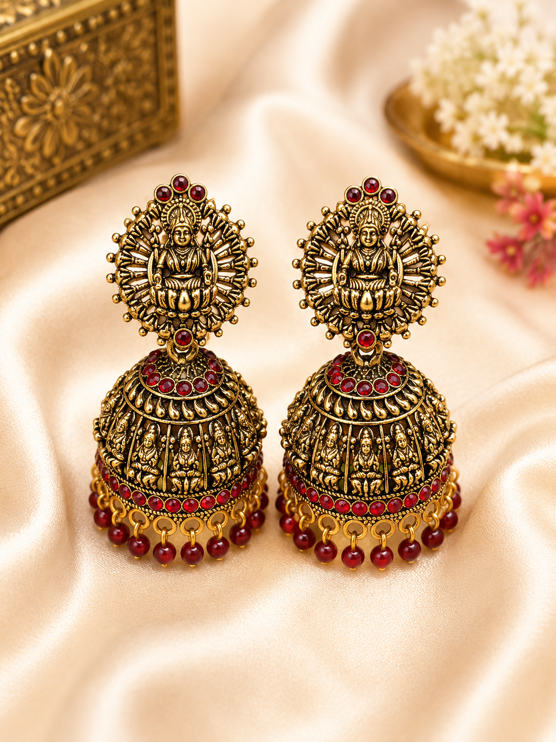 Antique Lakshmi Temple Jhumka Earrings with Ruby Red Stones