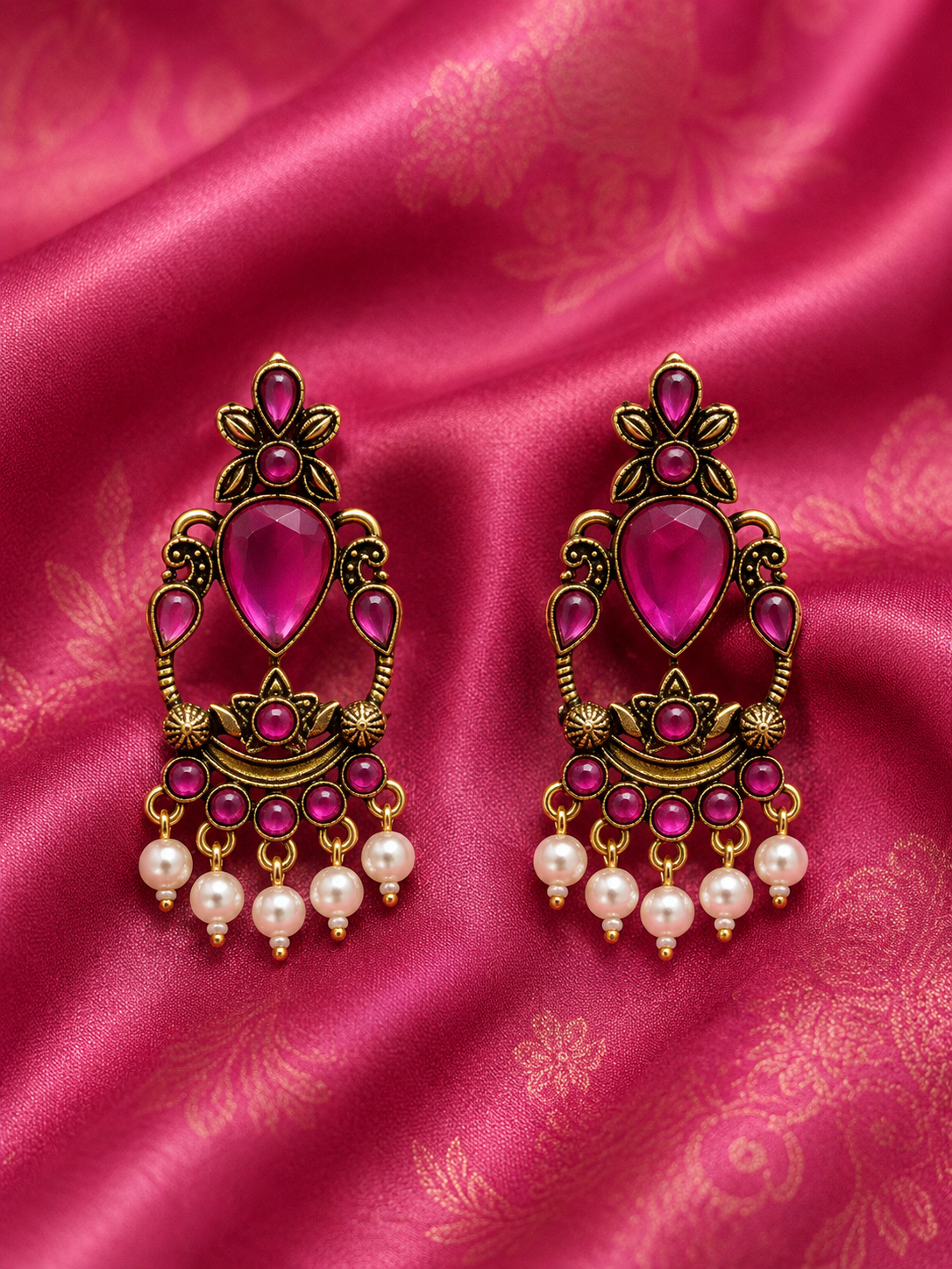 Royal Fuchsia Crystal Pearl Drop Earrings