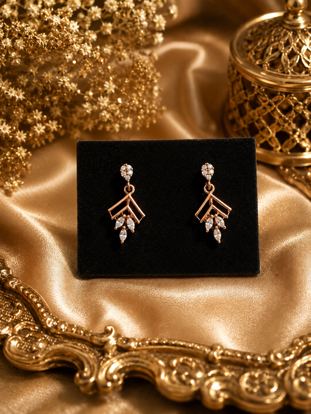 Rose Gold Crystal Leaf Drop Earrings