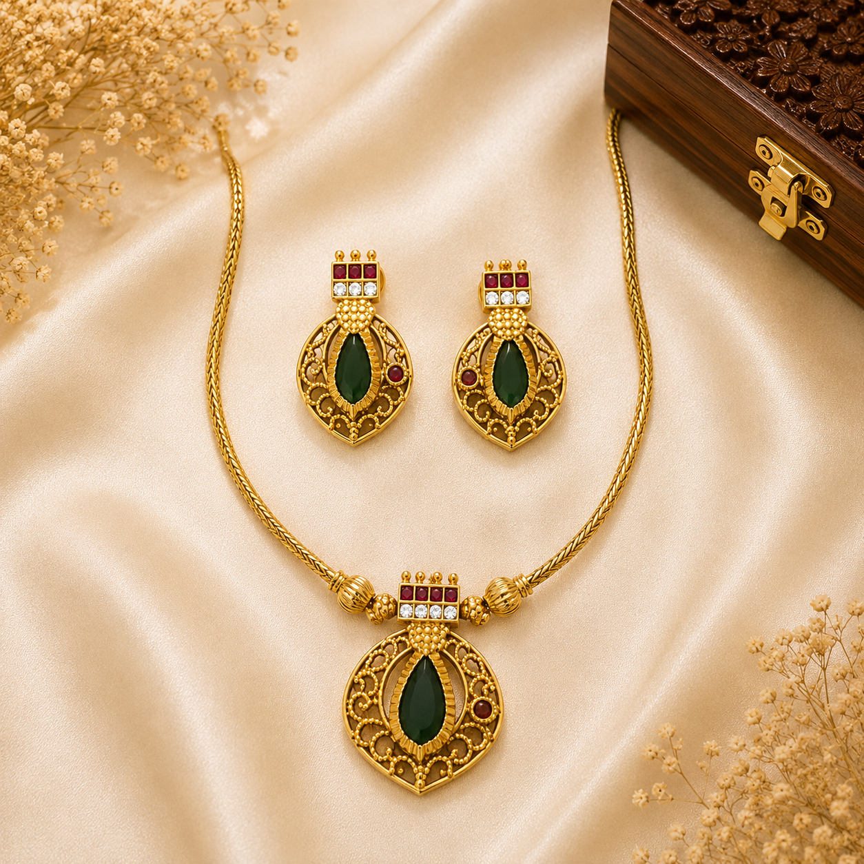 Emerald Teardrop Pendant Necklace Set