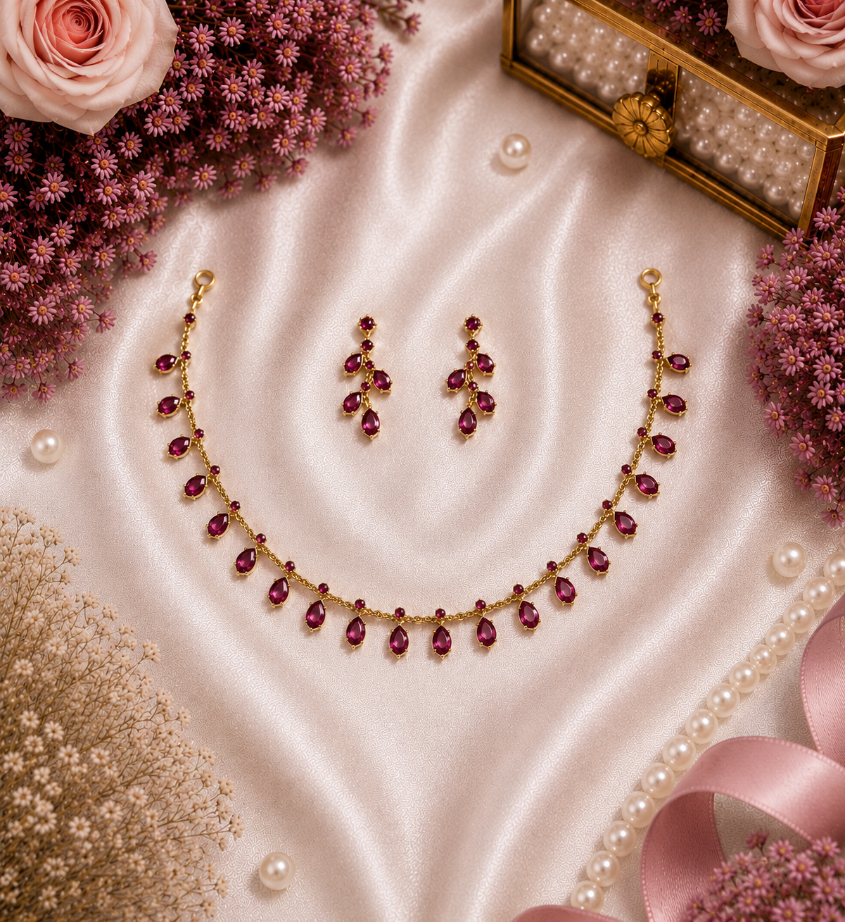 Ruby Emerald Vine Necklace Set
