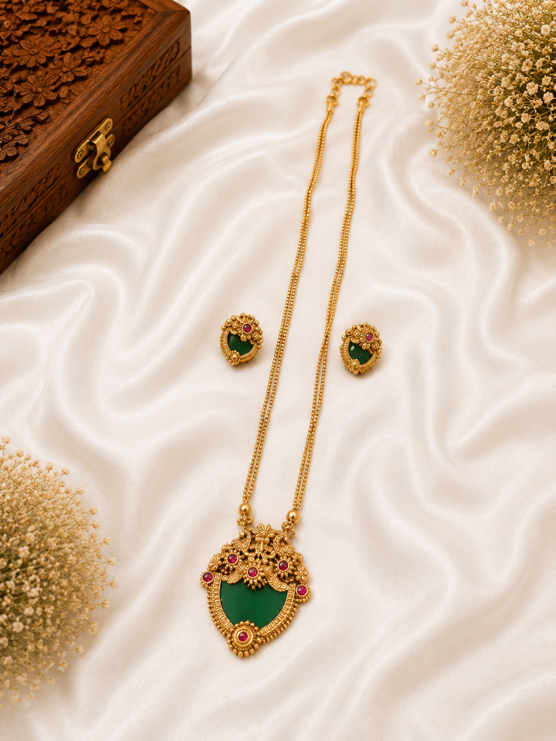 Antique Floral Green Stone Pendant Necklace Set