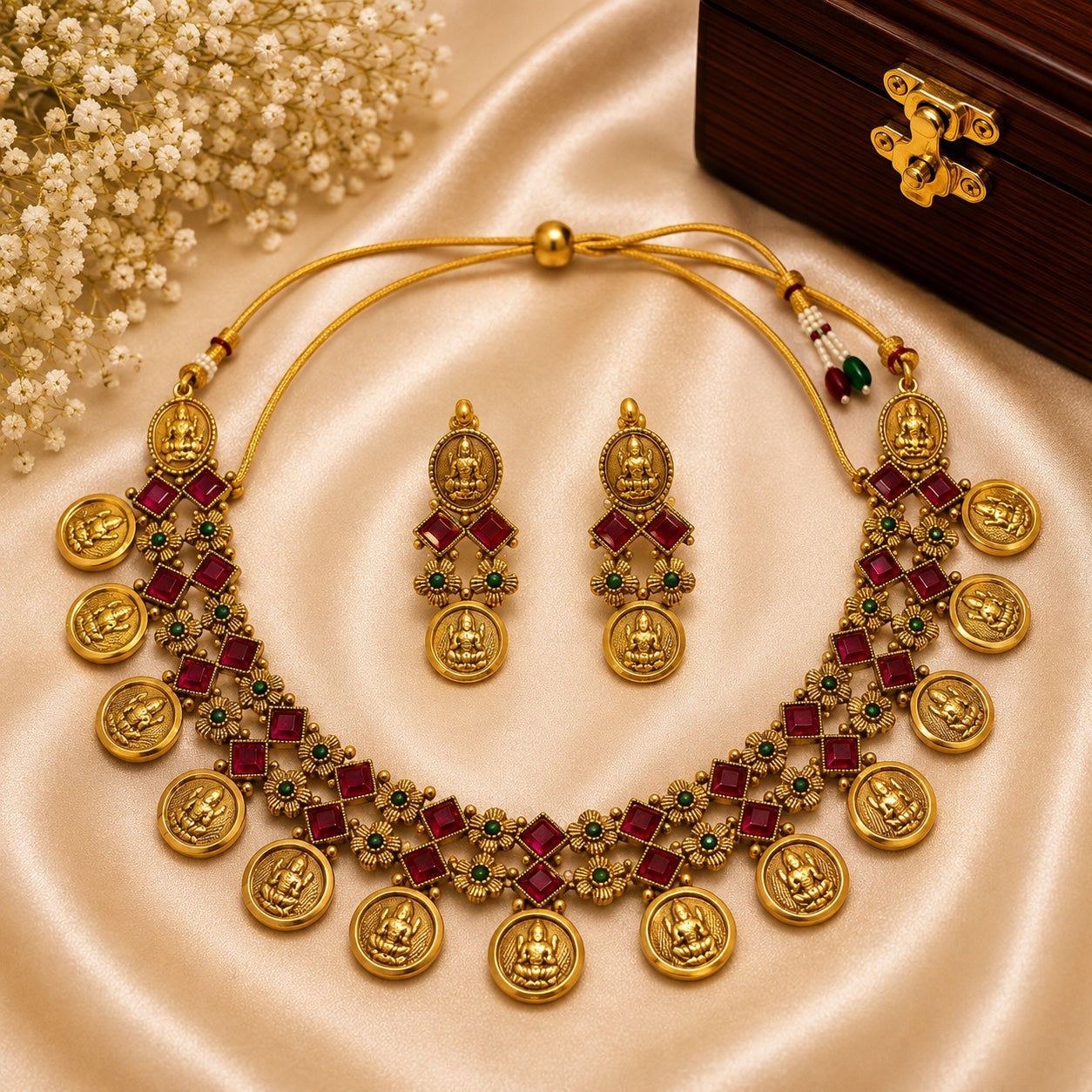 Lakshmi Kasu Floral Temple Necklace Set