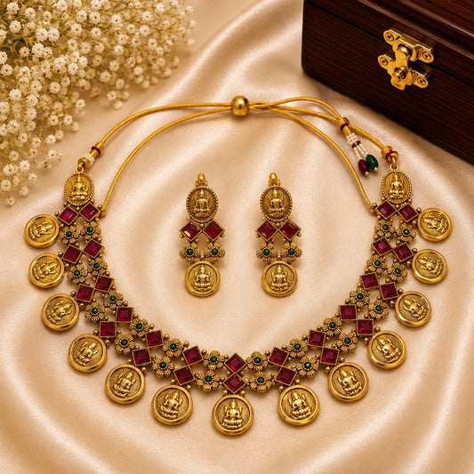 Lakshmi Kasu Floral Temple Necklace Set