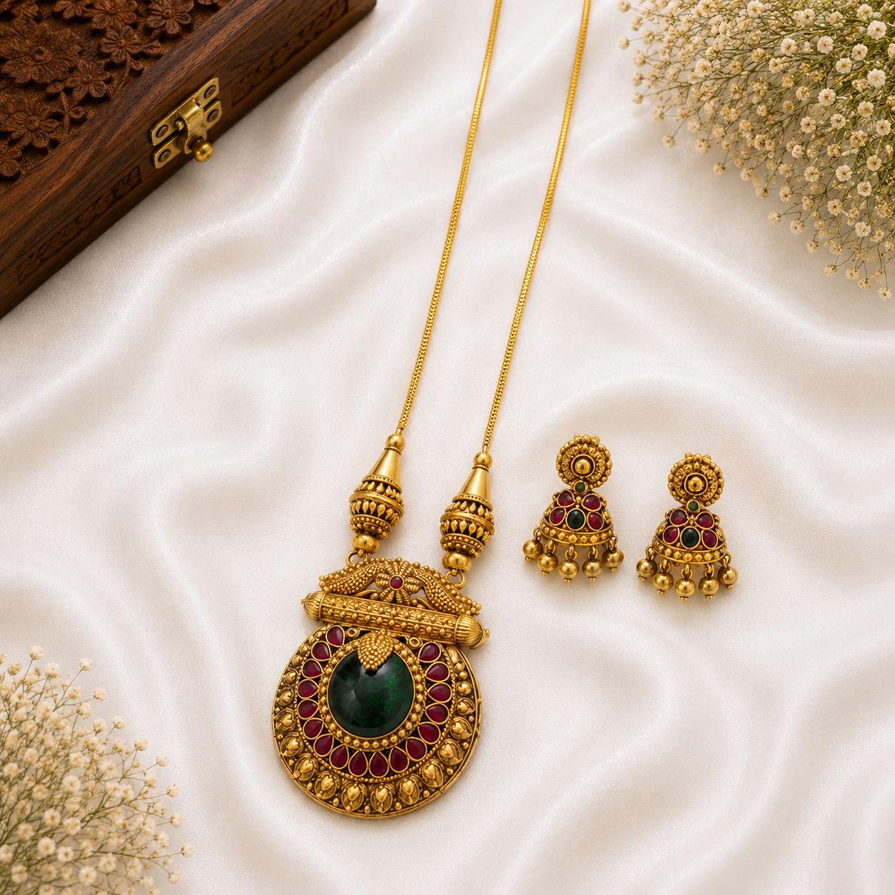 Emerald Antique Long Pendant Necklace Set