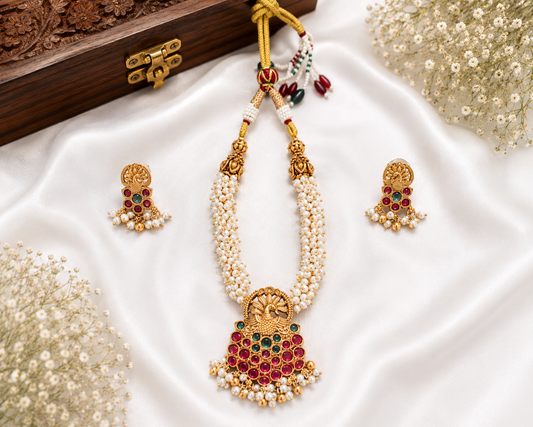 Peacock Pearl Temple Necklace Set