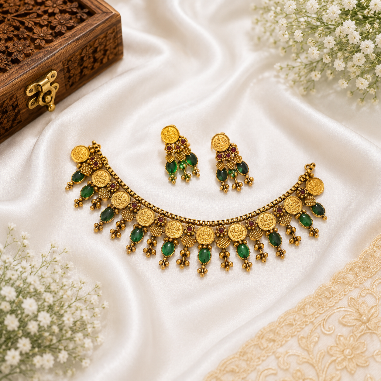 Antique Green Stone Coin Choker Necklace Set