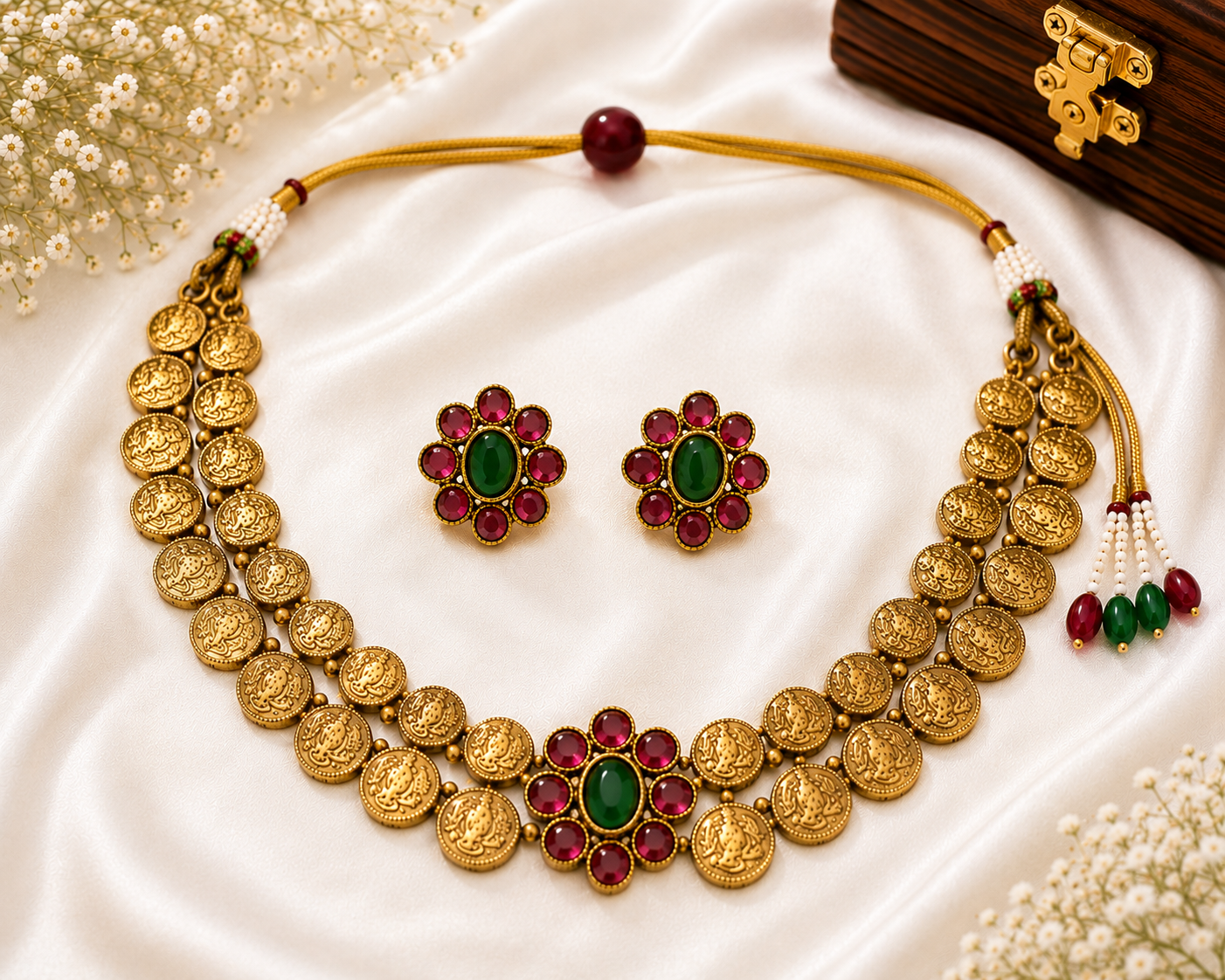 Lakshmi Kasu Floral Kemp Choker Necklace Set