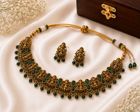Antique Lakshmi Emerald Temple Choker Necklace Set