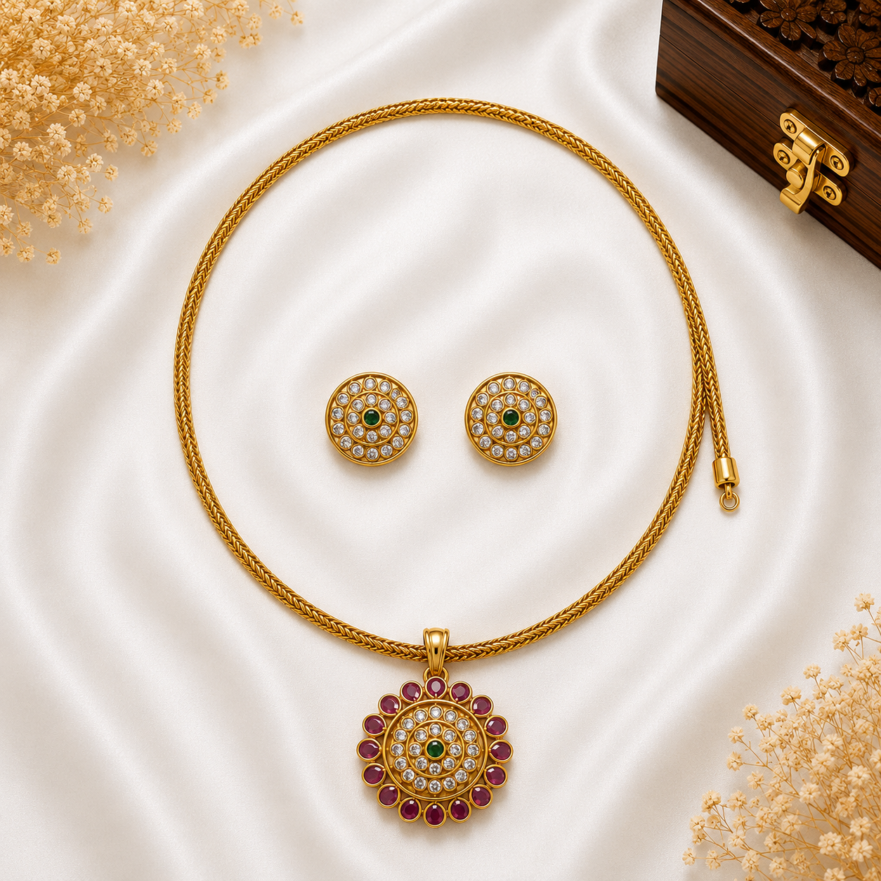 Ruby Bloom Crystal Pendant Necklace Set