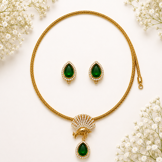 Emerald Peacock Pendant Necklace Set