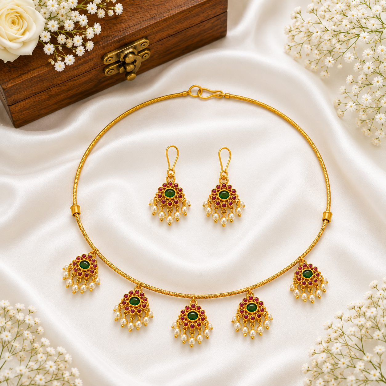Ruby Pearl Floral Necklace Set