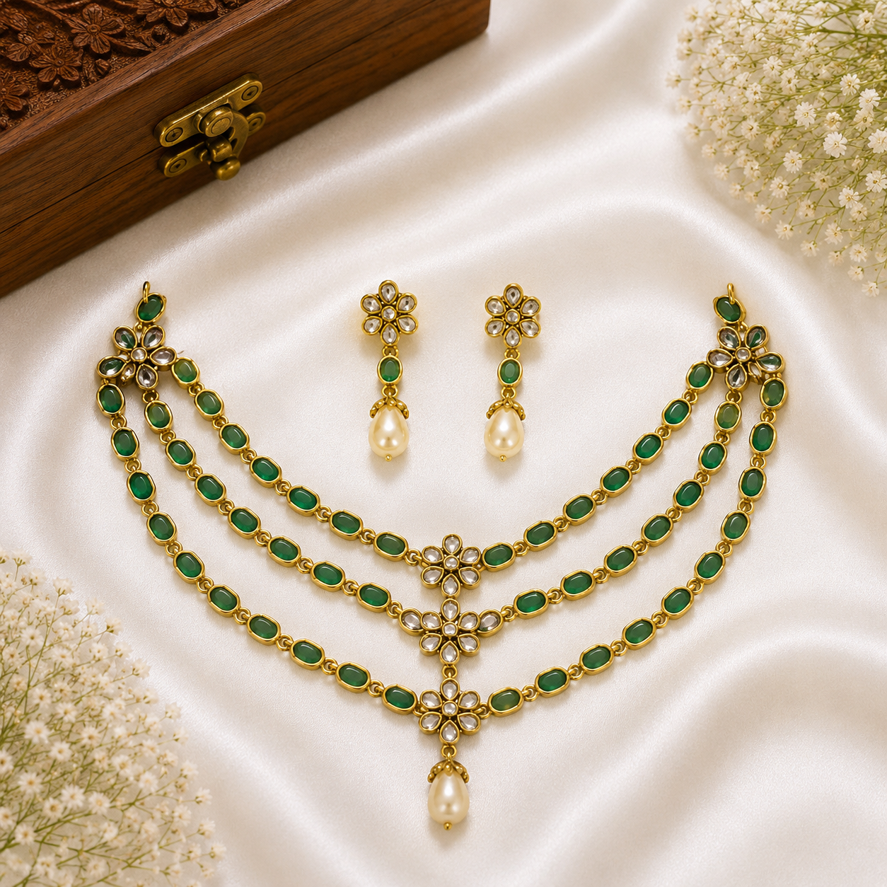 Emerald Pearl Layered Necklace Set