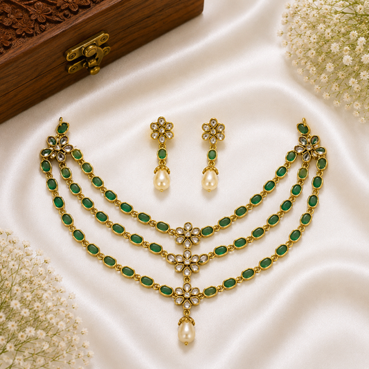 Emerald Pearl Layered Necklace Set
