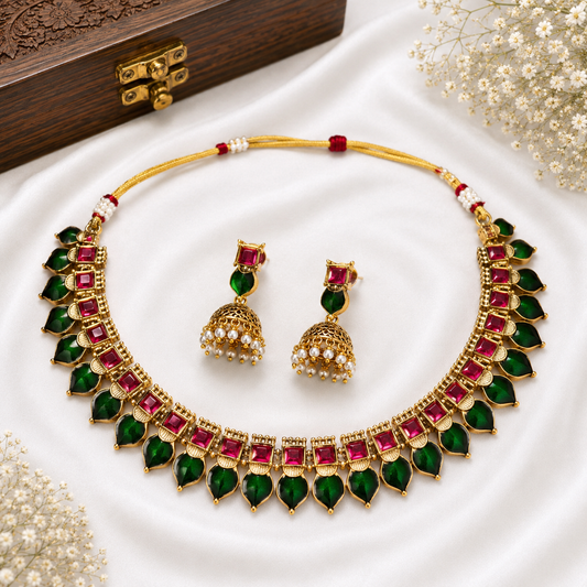 Emerald  Ruby Jhumka Necklace Set