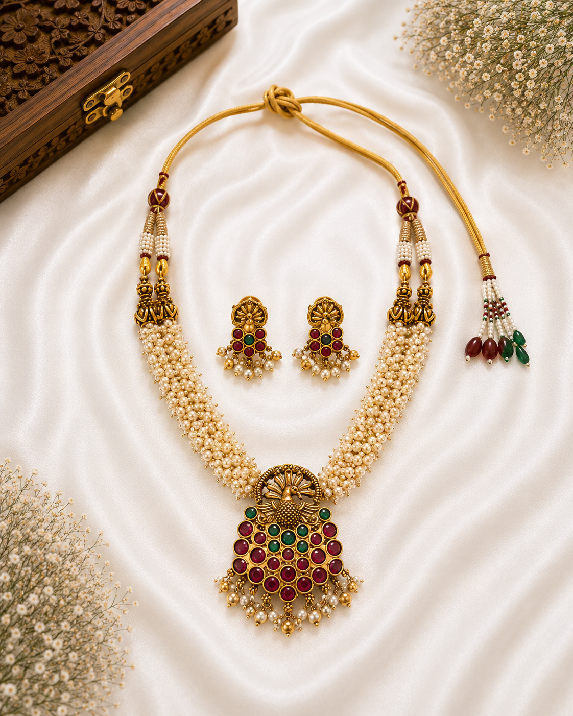 Antique Peacock Pearl Mala Necklace Set