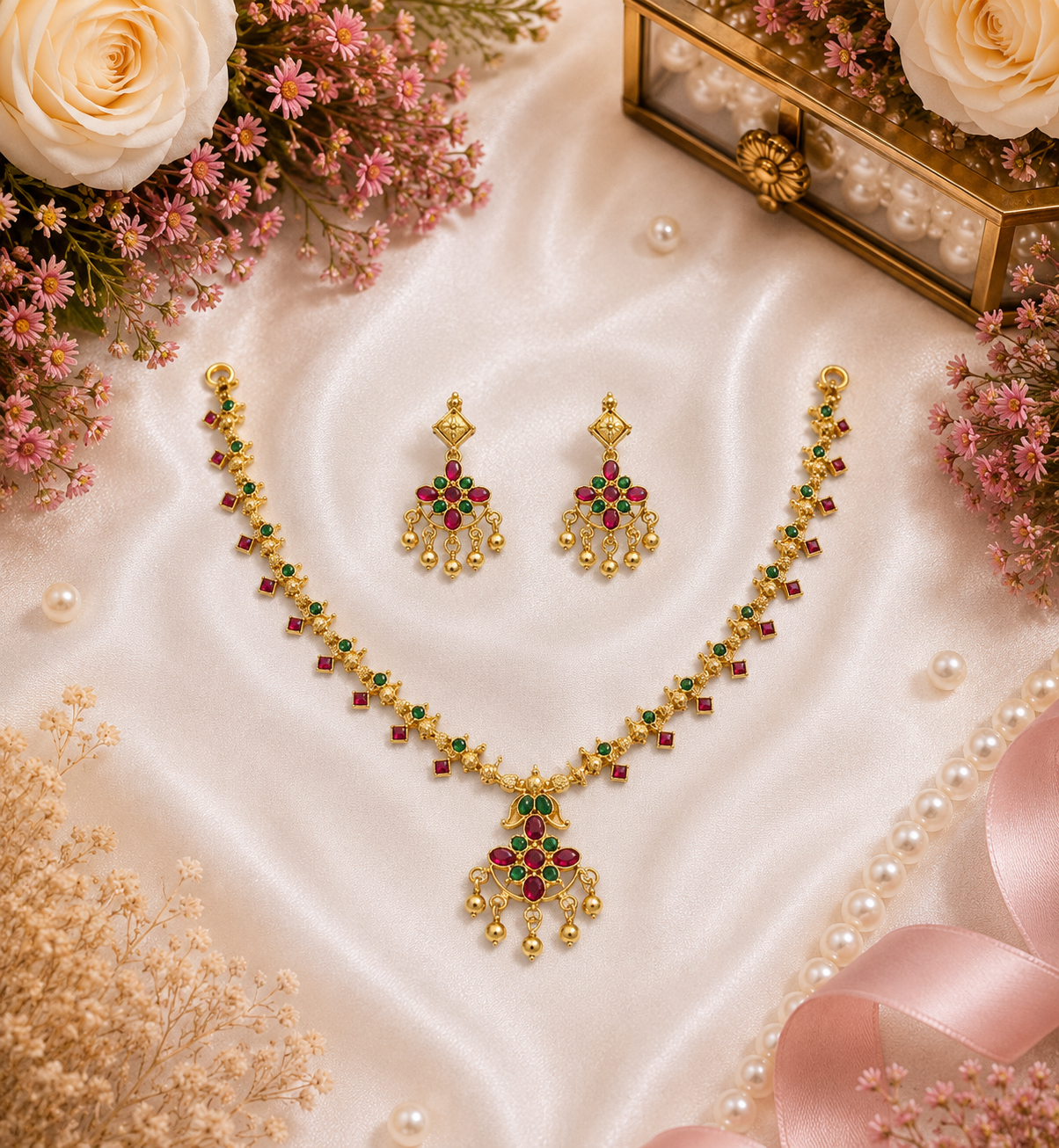 Ruby Emerald Floral Pendant Necklace Set