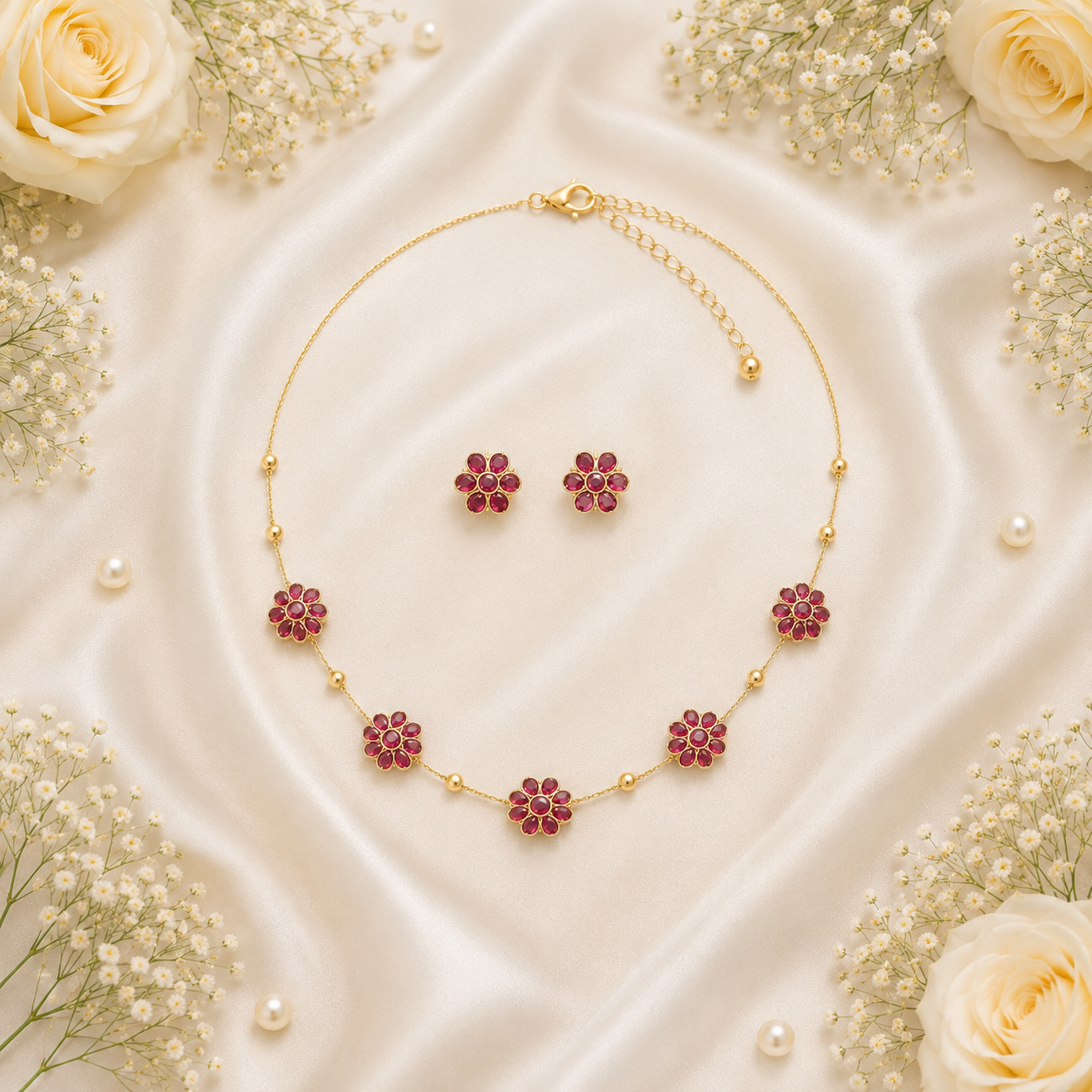 Ruby Blossom Invisible Chain Necklace Set