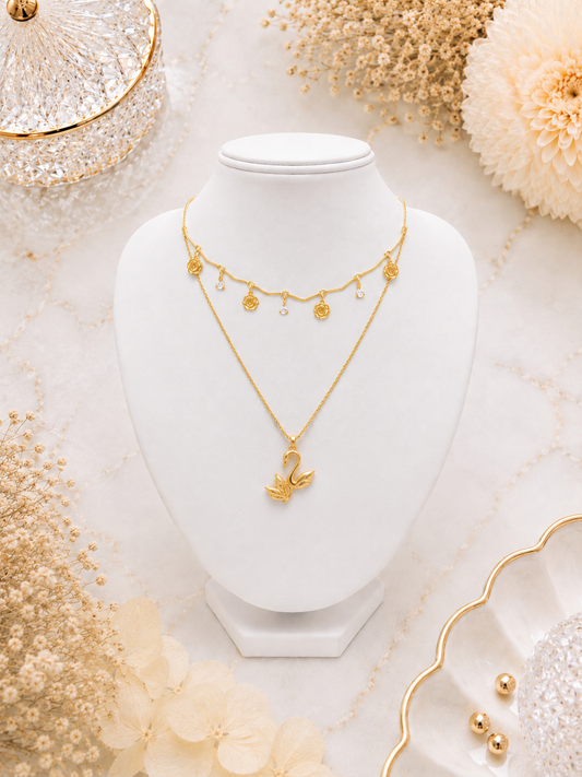 Elegant Swan Pendant Layered Necklace Set