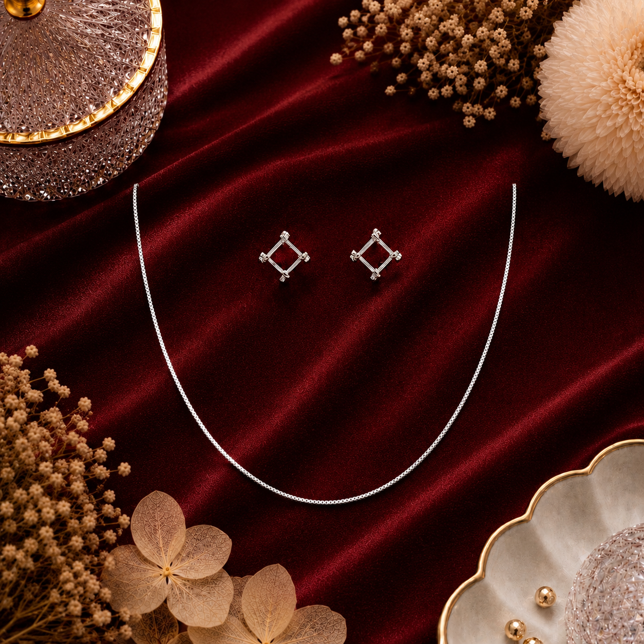 Minimalist Silver Chain & Geometric Stud Earrings Set