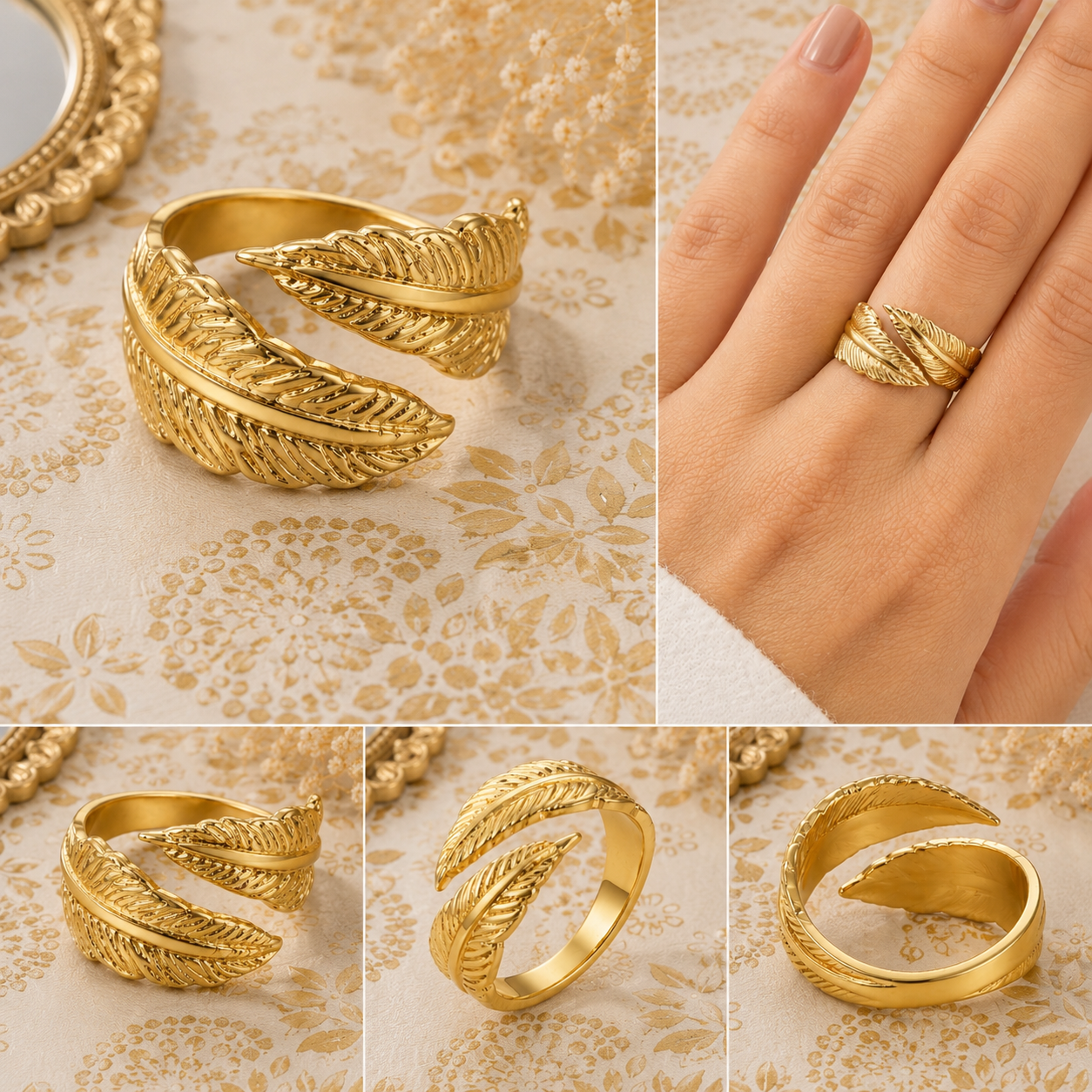 Golden Feather Adjustable Ring