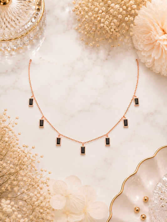 Rose Gold Black Crystal Dangle Necklace