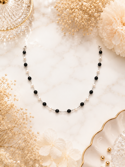 Black & Pearl Beaded Stainless Steel Necklace