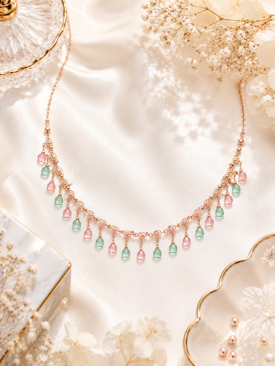 Rose Gold Pastel Crystal Fringe Necklace