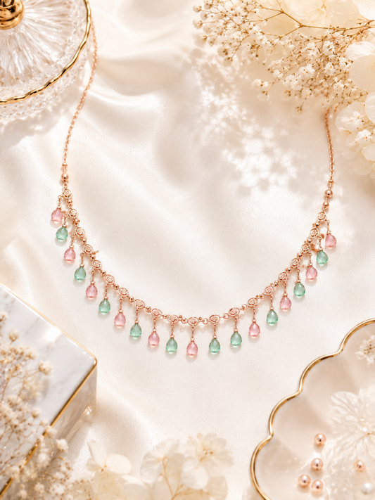 Rose Gold Pastel Crystal Fringe Necklace