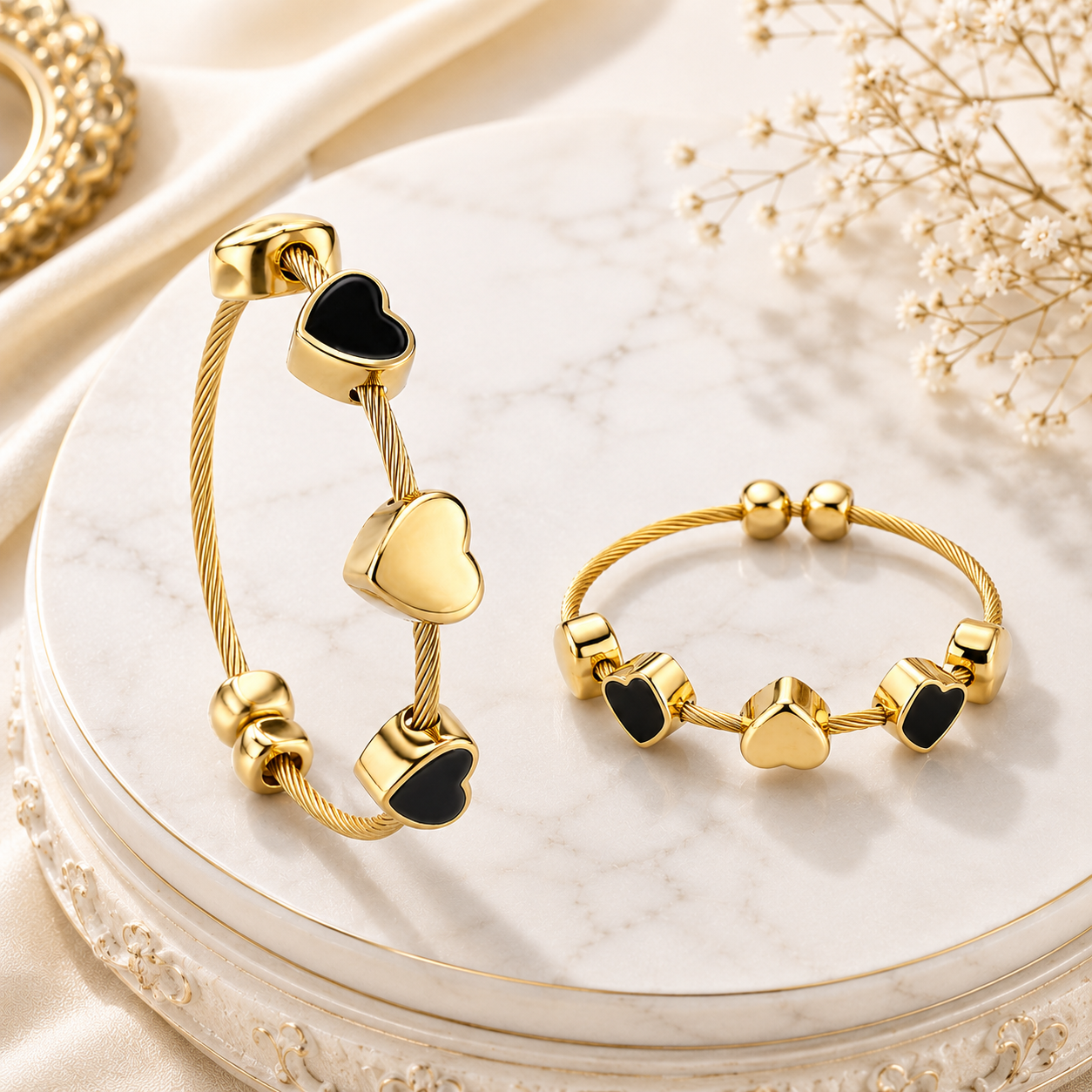 Black Heart Adjustable Cable Bracelet for Women