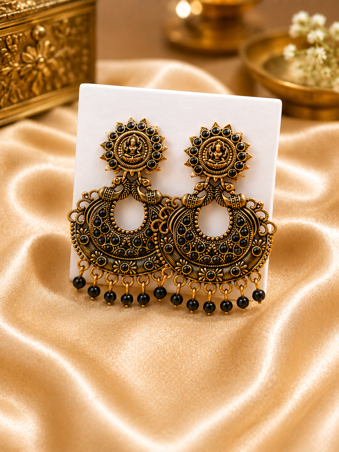 Antique Black Stone Temple Chandbali Earrings for Women