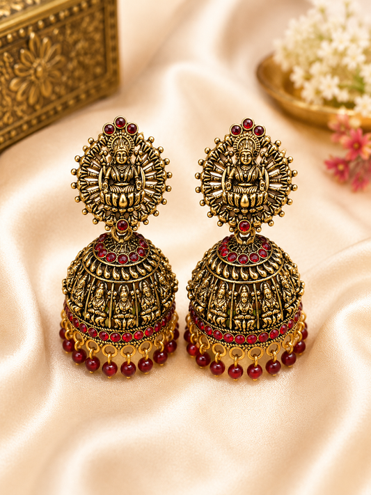 Antique Lakshmi Temple Jhumka Earrings with Ruby Red Stones