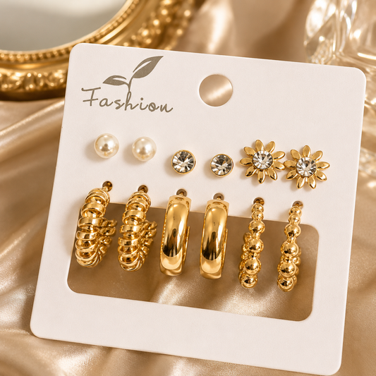 Luxury Gold-Tone 6 Pair Earrings Set