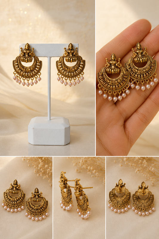 Lakshmi Pearl Chandbali Temple Earrings