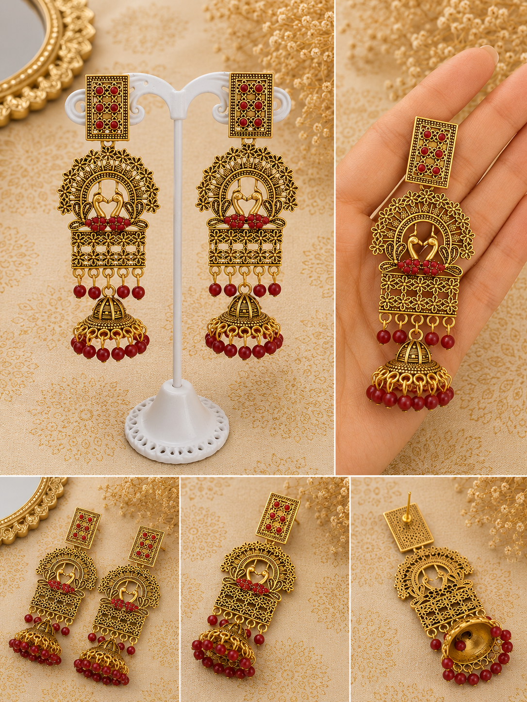 Antique Gold Swan Jhumka Earrings with Ruby Red Beads