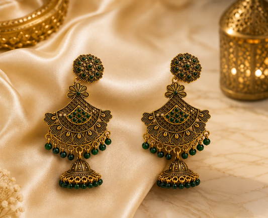 Antique Green Stone Temple Jhumka Earrings for Women