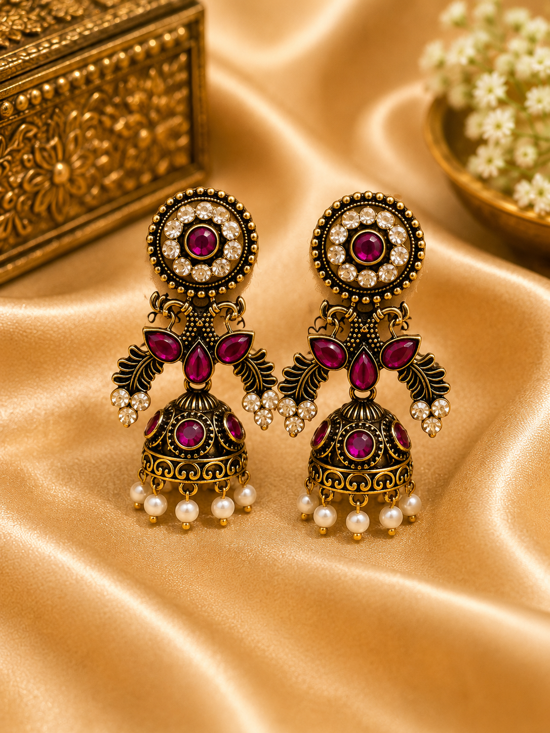 Antique Ruby Stone Jhumka Earrings with Pearl Drops