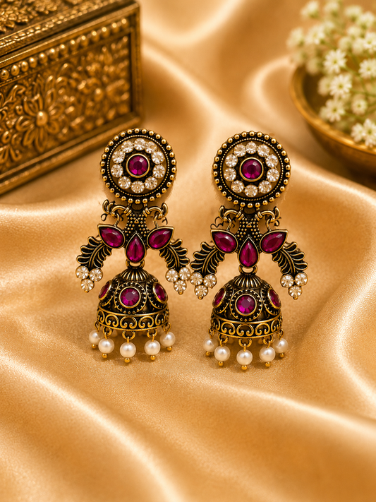 Antique Ruby Stone Jhumka Earrings with Pearl Drops