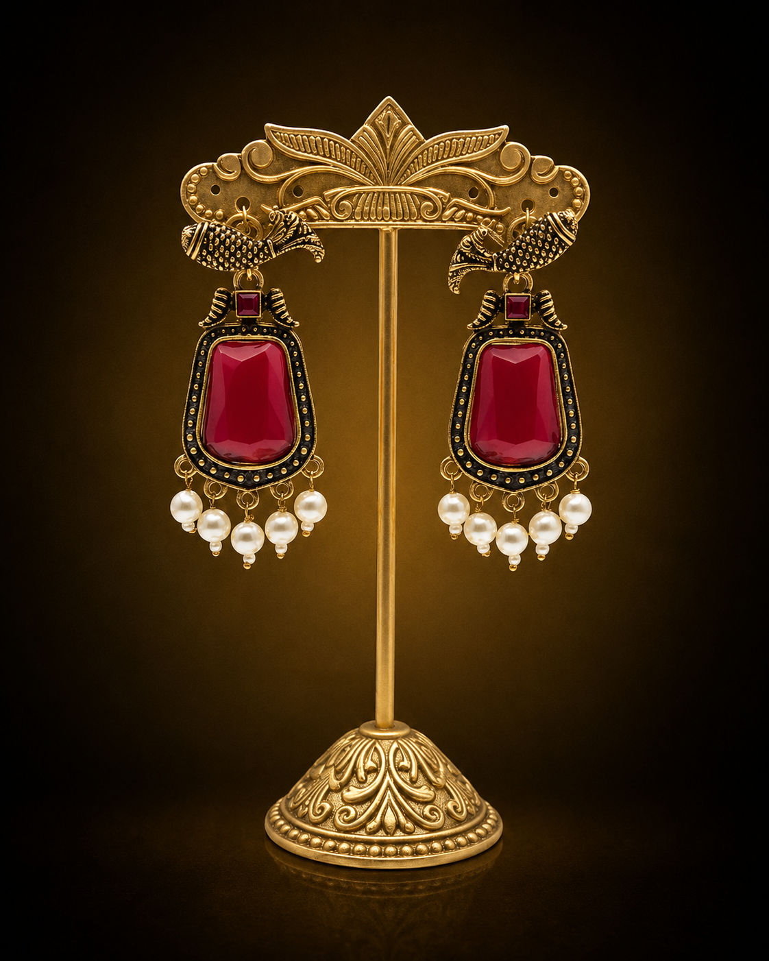 Royal Ruby Pearl Drop Earrings