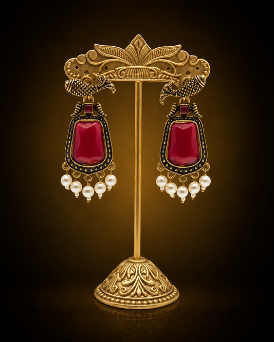 Royal Ruby Pearl Drop Earrings