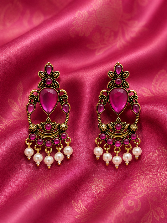Royal Fuchsia Crystal Pearl Drop Earrings
