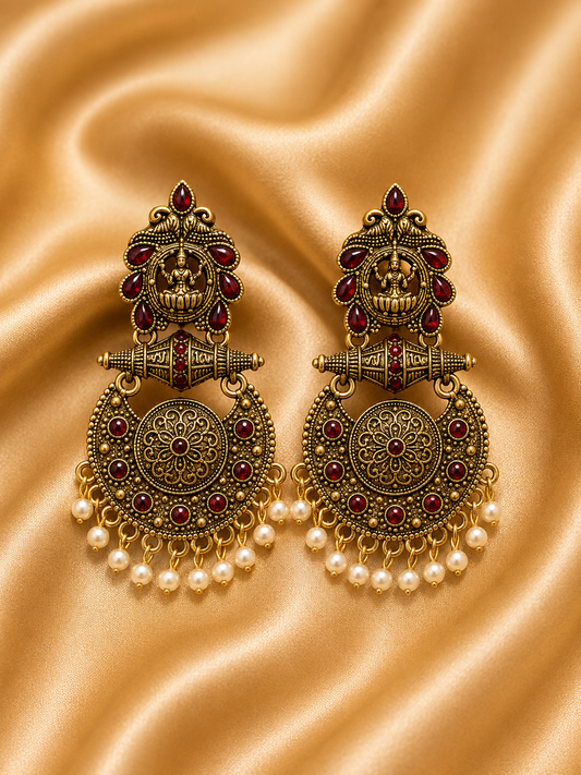 Antique Lakshmi Ruby Pearl Chandbali Earrings