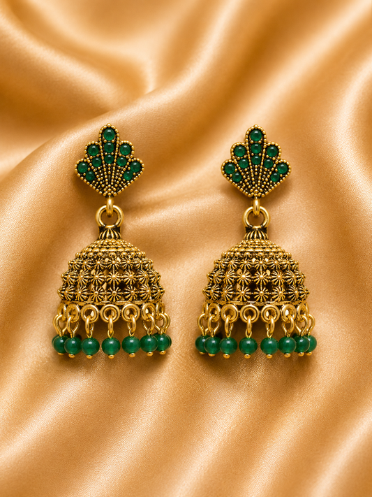 Antique Green Stone Jhumka Earrings