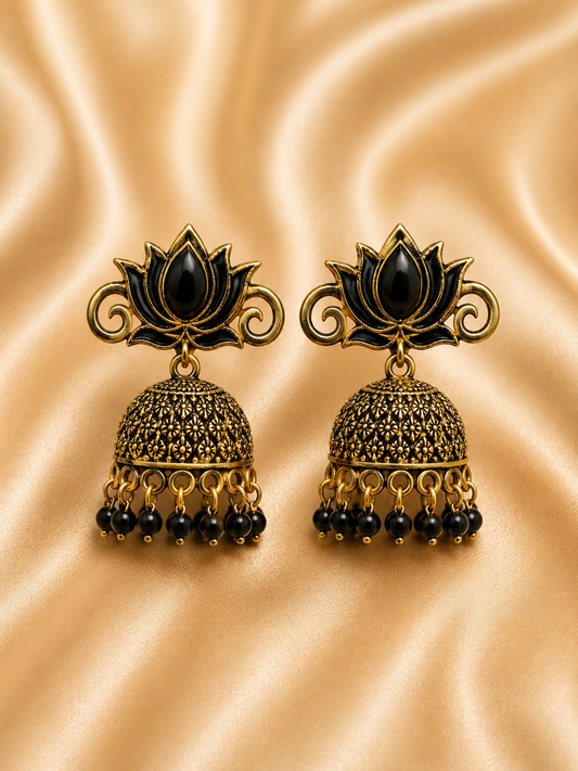 Antique Black Lotus Jhumka Earrings