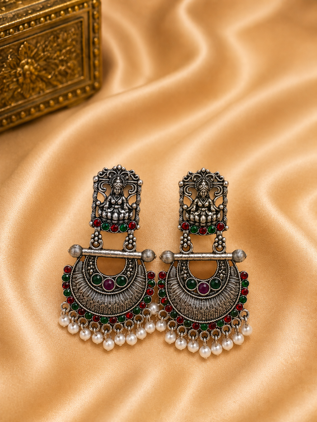 Antique Lakshmi Oxidized Chandbali Earrings with Pearl Drops